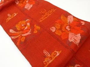 手織り真綿紬市松に鳥・花葉・抽象模様織出し名古屋帯